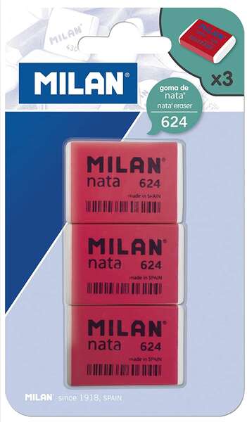 108537_2 Milan Nata 624 Pack de 3 Gomas de Borrar Rectangulares - Plastico - Suave - No Abrasiva - Color Rojo/Blanco - Imagen 1