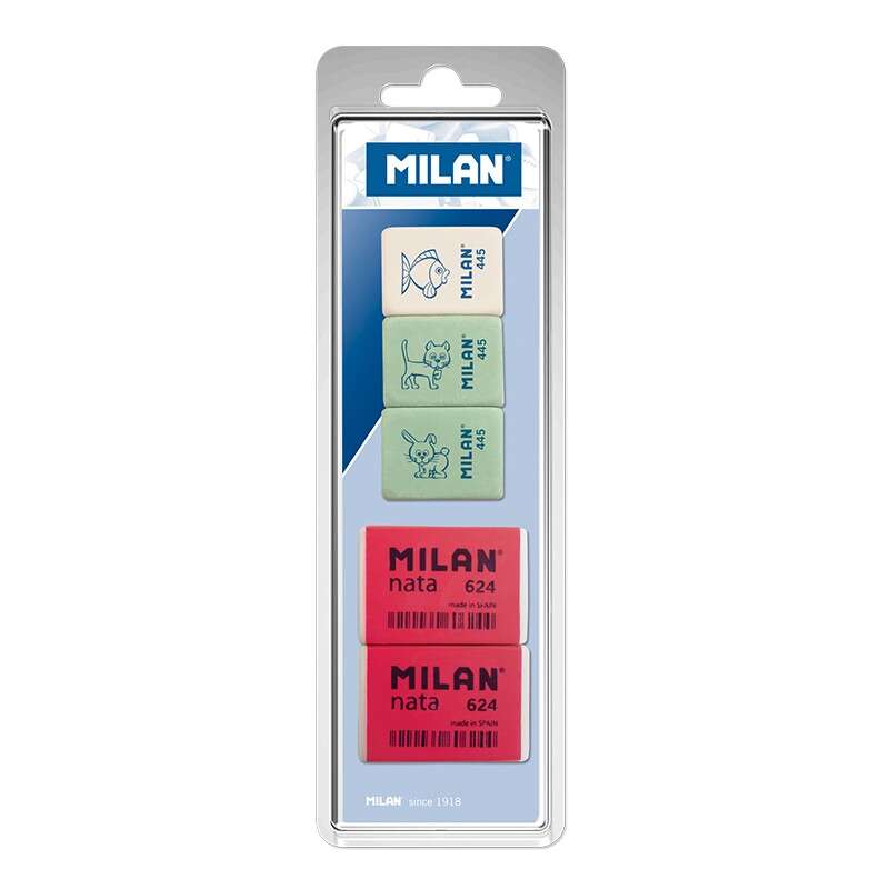 108547_3 Milan Pack de 5 Gomas de Borrar, 3xGomas 445 Rectangulares + 2xGomas 624 Nata Rectangulares - Plastico - Colores Surtidos - Imagen 1