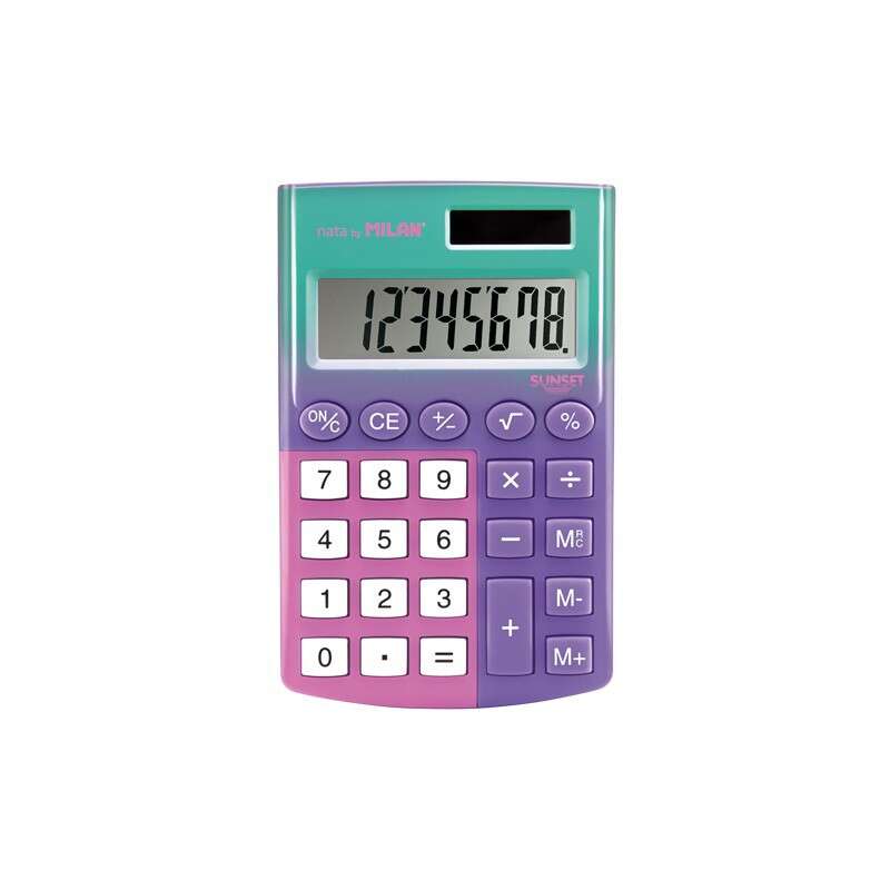 108887_2 Milan Pocket Sunset Calculadora de Bolsillo con Pantalla de 8 Digitos - 3 Teclas de Memoria y Raiz Cuadrada - Teclas con Tacto Suave - Imagen 1