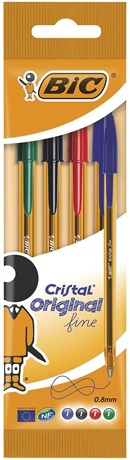109117_5 Bic Cristal Original Fine Pack de 4 Boligrafos de Bola - Punta Redonda de 0.8mm - Trazo de 0.30mm - Tinta con Base de Aceite - Translucido - Colores Surtidos - Imagen 1