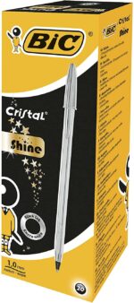 Bic Cristal Shine Boligrafo de Bola - Punta Media de 1.0mm - Tinta con Base de Aceite - Elegante Cuerpo Plateado - Color Negro - Imagen 2