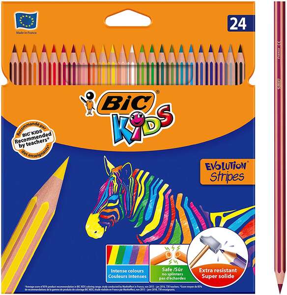 110452_1 Bic Kids Evolution Stripes Caja de 24 Lapices de Colores surtidos - Fabricados en Resina - Punta Ultraresistente - Mina Pigmentada de 3.20 mm - Imagen 1