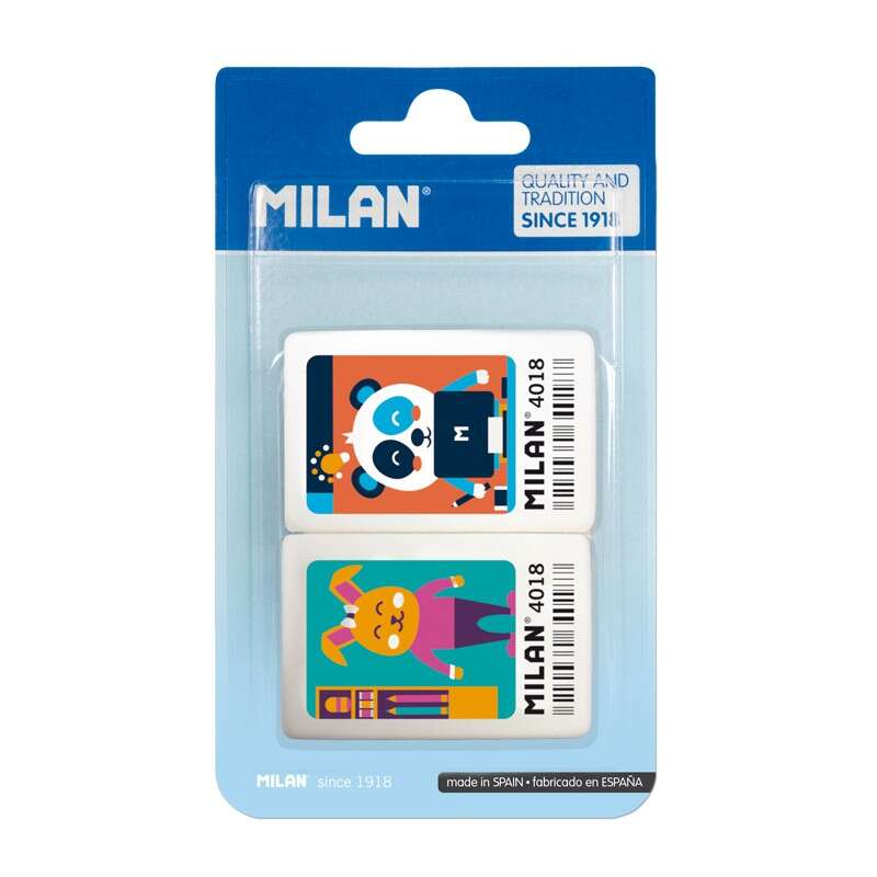 111162_1 Milan 4018 Pack de 2 Gomas de Borrar Rectangulares - Miga de Pan - Caucho Suave Sintetico - Dibujos Infantiles a Color - Imagen 1