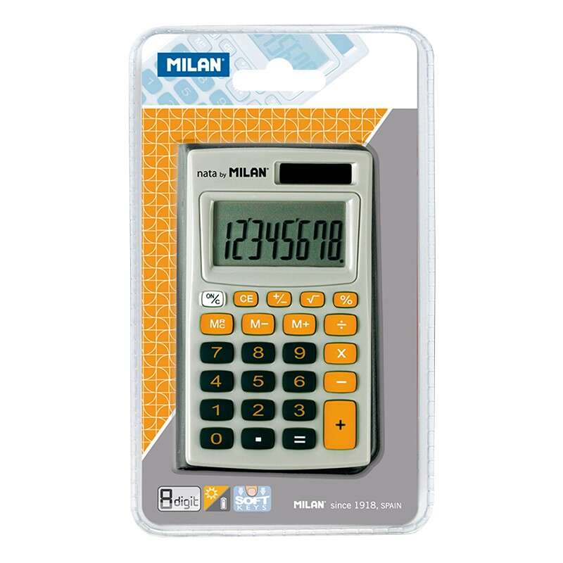 113782_1 Milan Calculadora de Bolsillo 8 Digitos - 3 Teclas de Memoria y Raiz Cuadrada - Apagado Automatico - Incluye Funda - Color Gris y Naranja - Imagen 1