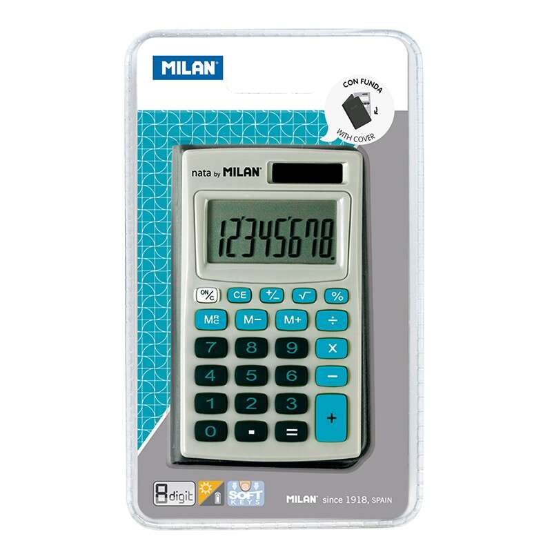 113787_1 Milan Calculadora de Bolsillo 8 Digitos - 3 Teclas de Memoria y Raiz Cuadrada - Apagado Automatico - Incluye Funda - Color Gris y Azul - Imagen 1