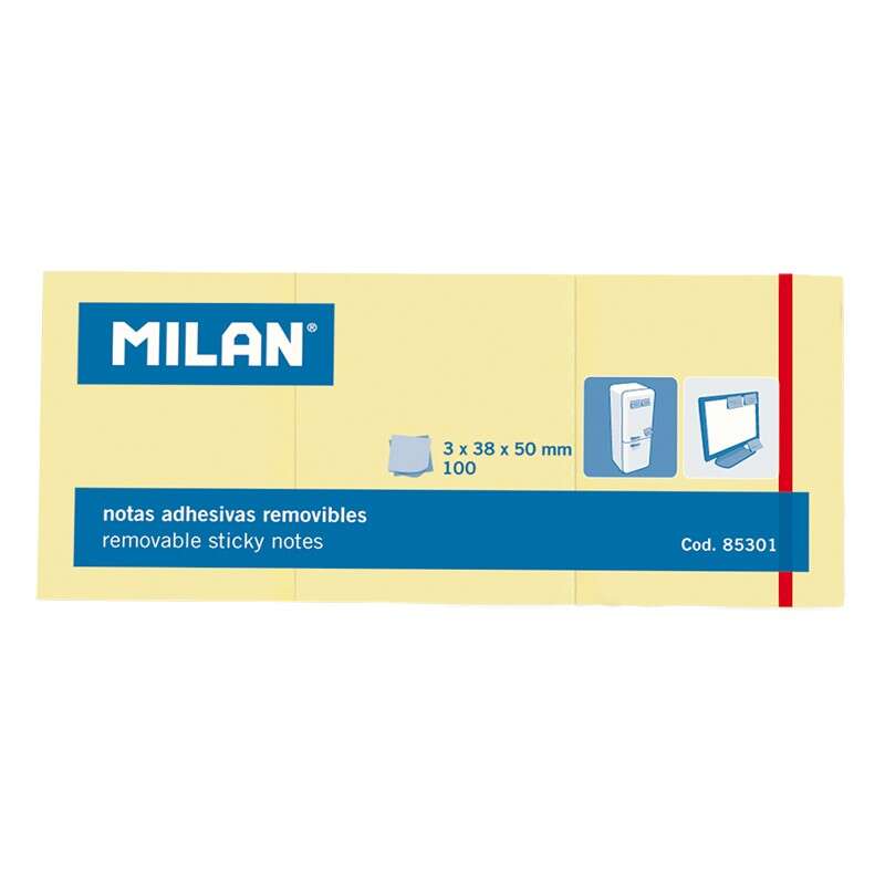 114492_1 Milan Pack de 3 Blocs de 100 Notas Adhesivas Removibles - Tamaño 38x50mm - Color Amarillo Claro - Imagen 1