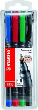 Stabilo OHPen Pack de 4 Rotuladores Permanentes - Punta Fina - Trazo de 0.7mm - Agarre Antideslizante - Tapon Ventilado - Colores Surtidos