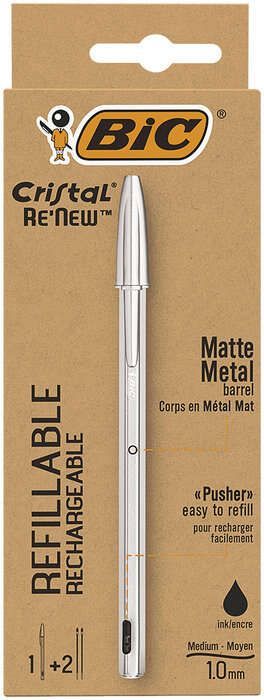 122998_1 Bic Cristal Re´new Pack de Boligrafo Recargable de Bola + 2 Recambios - Punta Redonda de 1.0mm - Trazo 0.32mm - Tinta con Base de Aceite - Cuerpo Metalico - Color Negro - Imagen 1