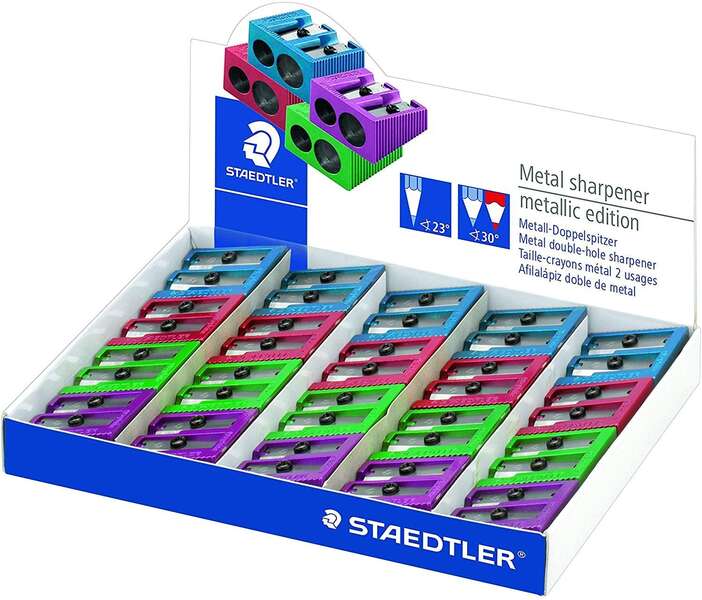 143344_1 Staedtler Expositor de 20 Sacapuntas Metalicos con Cuchilla de Metal - Angulo de Afilado de 23° y 30º - 2 Agujeros - Colores Surtidos - Imagen 1