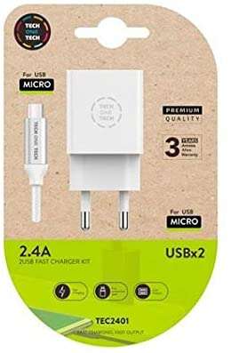 144334_1 TechOneTech Cargador Doble de Pared + Cable USB-A a Micro-USB 2.4 1m - Recubierto de Nylon Trenzado - Imagen 1
