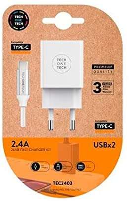 144344_1 TechOneTech Cargador Doble de Pared + Cable USB-A a USB-C 1m - Recubierto de Nylon Trenzado - Imagen 1