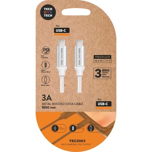 144709_1 TechOneTech Cable USB-C PD 3.0 Macho a USB-C Macho 1m - Recubierto de Nylon Trenzado - Imagen 1