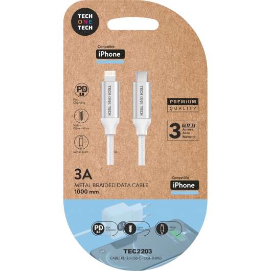 144714_1 TechOneTech Cable USB-C PD 3.0 Macho a Lightning Macho 1m - Recubierto de Nylon Trenzado - Imagen 1