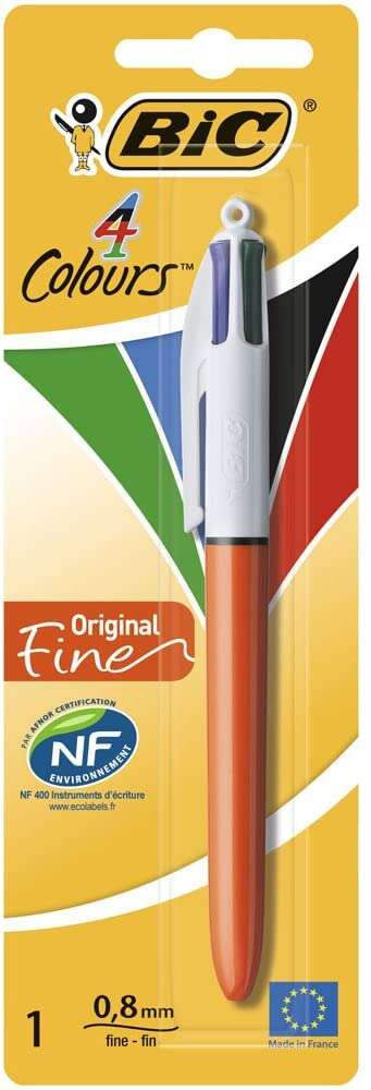 157835_1 Bic 4 Colours Original Fine Boligrafo de Bola Retractil - Punta Fina de 0.8mm - Tinta con Base de Aceite - Cuerpo Rojo/Blanco - 4 Colores - Imagen 1