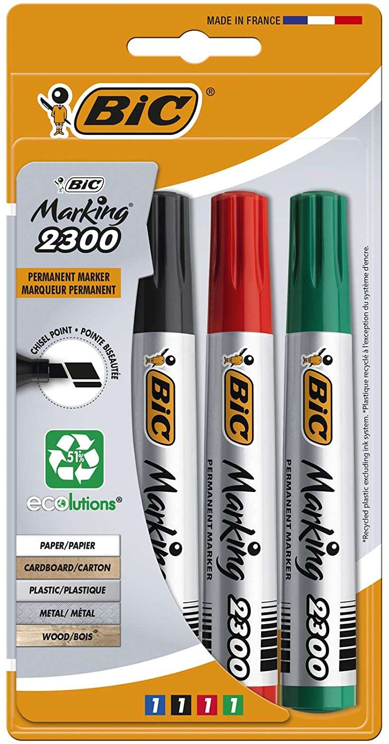 157910_1 Bic Marking 2300 Ecolutions Pack de 4 Rotuladores Permanentes - Punta Biselada - Tinta con Base de Alcohol - Ecologico - Colores Surtidos - Imagen 1