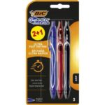 Bic Gel-Ocity Quick Dry 2+1 Pack de 3 Boligrafos Retractiles - Grip de Goma - Punta Media de 0.7mm - Secado Ultra Rapido - No Mancha el Papel - Colores Surtidos