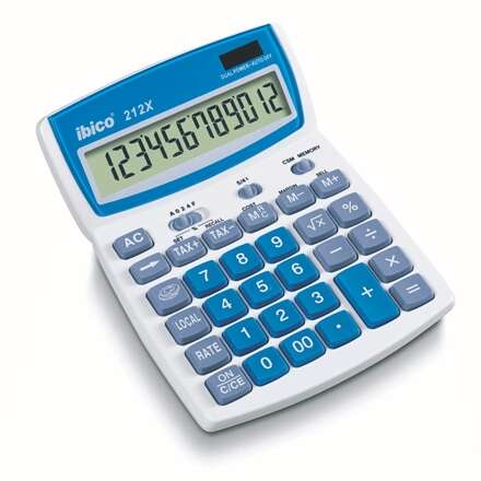 158520_1 Ibico 212X Calculadora de Sobremesa Pantalla LCD de 12 Digitos Inclinable - Teclas de Relieve - Funcion Impuestos y Redondeo - Color Blanco/Azul/Gris - Imagen 1