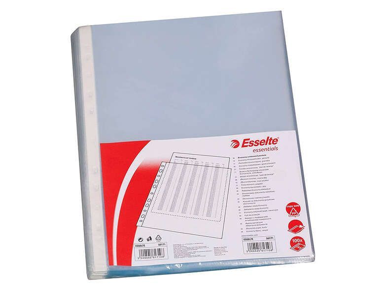 159000_1 Esselte Pack de 100 Fundas Multitaladro Portadocumentos - Formato A4 - 16 Taladros - 80 Micras - Piel de Naranja - Color Transparente - Imagen 1