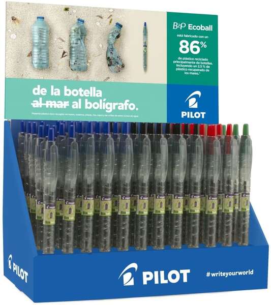 159960_1 Pilot Expositor 60 Boligrafos de Bola Retractiles B2P Ecoball BeGreen + 10 B2P Gel BeGreen - 86,64% de Plastico Reciclado - Recargable - Colores surtidos - Imagen 1
