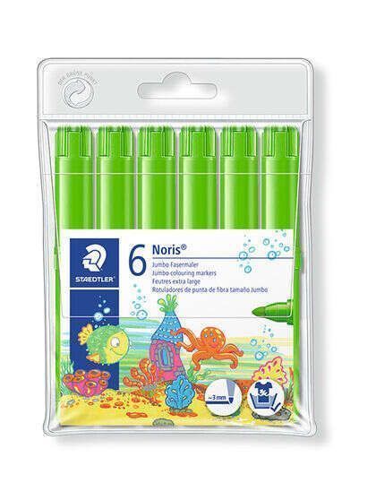 164605_1 Staedtler Noris Watercolour 340 Pack de 6 Rotuladores de Gran Tamaño - Trazo 3mm Aprox - Lavable Facilmente - Tinta Base de Agua - Color Verde Claro - Imagen 1