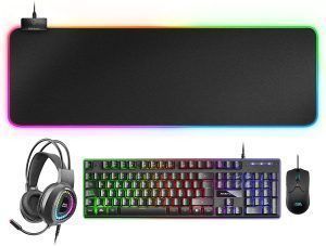 Pack 4 en 1 USB con Iluminación RGB Teclado Tecnología Hibrida H-Mech, Antighosting + Ratón 10000dpi + Auriculares con Micrófono + Alfombrilla 800x300x4mm