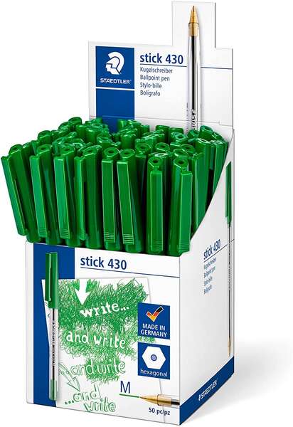 166171_1 Staedtler Stick 430 Boligrafo con Capuchon - Punta 0.35mm - Tinta Endeleble - Color Verde - Imagen 1