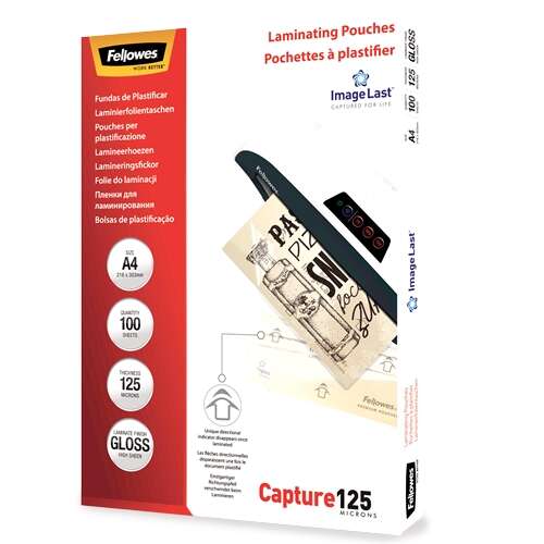 169061_1 Fellowes Pack de 100 Fundas para Plastificar Brillo A4 - 125 Micras - Alta Calidad - Transparente - Imagen 1
