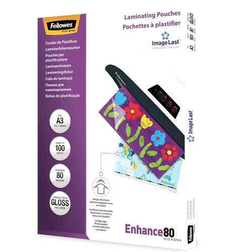 169121_1 Fellowes Pack de 100 Fundas para Plastificar Brillo A3 - 80 Micras - Alta Calidad - Transparente - Imagen 1