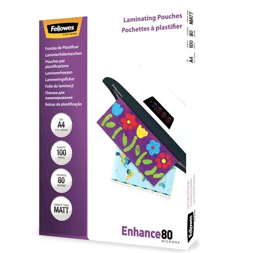 169251_1 Fellowes Pack de 100 Fundas para Plastificar Mate A4 - 80 Micras - Alta Calidad - Transparente - Imagen 1