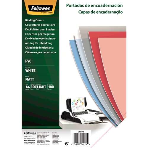 169736_1 Fellowes Pack de 100 Portadas para Encuadernar de PVC A4 - 180 Micras - Alta Calidad - Color Blanco - Imagen 1
