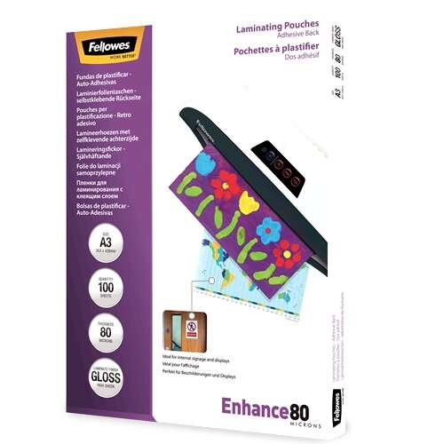 169786_1 Fellowes Pack de 100 Fundas AutoAdhesivas para Plastificar Brillo A3 - 80 Micras - Alta Calidad - Transparente - Imagen 1