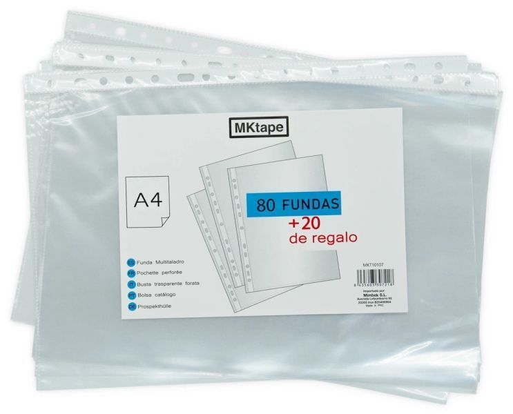 181391_1 MKtape Pack de 100 Fundas Multitaladro Portadocumentos - Formato A4 - 0.5 Micras - Color Transparente - Imagen 1