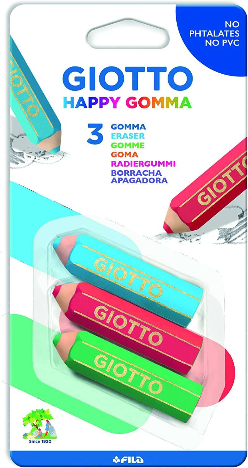 191681_1 Giotto Happy Goma Pack de 3 Gomas de Borrar - Plastico - Colores Surtidos - Imagen 1