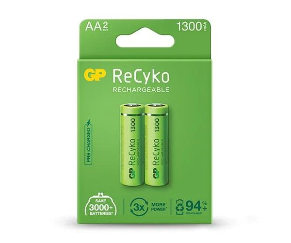 197786_1 GP ReCyko Pack de 2 Pilas Recargables 1300mAh AA 1.2V - Precargadas - Fabricadas con mas del 10% de Materiales Reciclados - Imagen 1