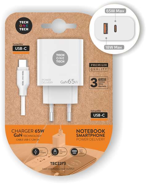 203726_1 TechOneTech Cargador de Pared GaN PD 3.0 65W - Para Portatiles y Smartphones - Cable USB-C a USB-C 1m - Imagen 1