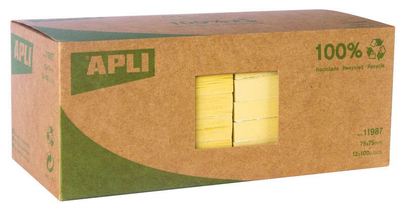209156_1 Apli Notas Adhesivas Recicladas Classic 75x75 - 12 Blocs de 100 Hojas - Adhesivo de Calidad - Papel Reciclado - Amarillo - Imagen 1