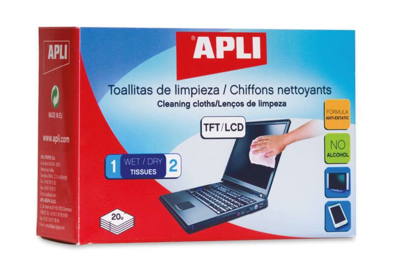 209861_1 Apli Toallitas de Limpieza para Equipos Electronicos - Propiedades Antiestaticas - Incluye 20 Sobres con Toallita Humeda y Seca - sin Alcohol - Imagen 1