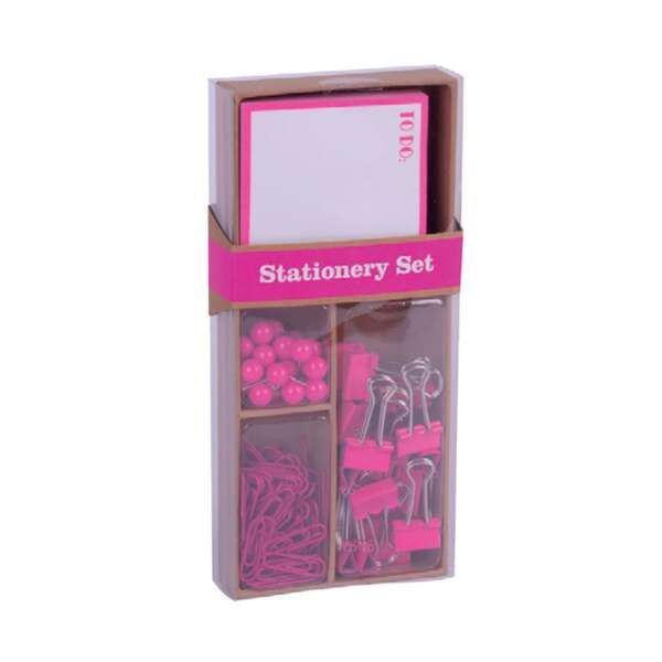 210081_1 Apli Fluor Collection Set de Oficina con 25 Pins, 80 Clips de 28mm, 20 Pinzas Abatibles de 19mm, Bloc de 100 Notas Adhesivas Blancas con Borde Rosa - Diseño Moderno y Llamativo - Imagen 1