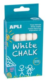Apli Pack de 10 Tizas Blancas Redondas - Tamaño Ø 9 x 80mm - Bajo en Residuo y sin Polvo - Ideal para Escribir, Dibujar y Colorear en Pizarras y Pavimentos - Uso Escolar