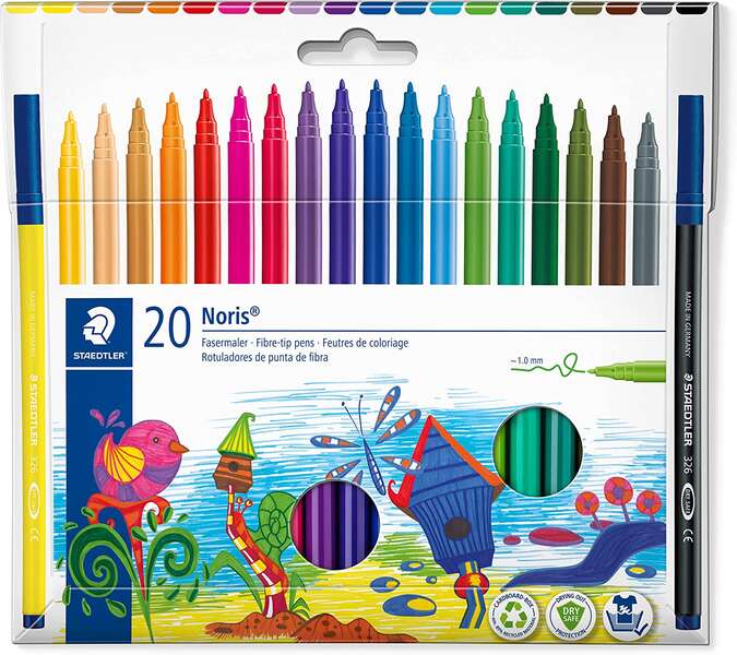 221337_1 Staedtler 326 Pack de 20 Rotuladores Punta de Fibra - Trazo 1.0mm Aprox - Resistente a la Presion - Tinta a Base de Agua Antisecado - Colores Surtidos - Imagen 1