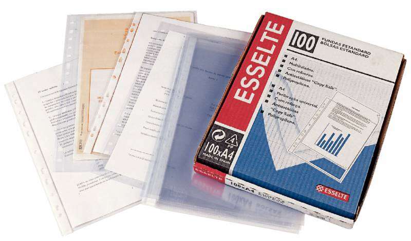 222037_1 Esselte Pack de 100 Fundas Porta Documentos A4 PP Multitaladro 80 Micras - 11 Taladros - Calidad Estandar - Textura Cristal Liso Transparente - Imagen 1