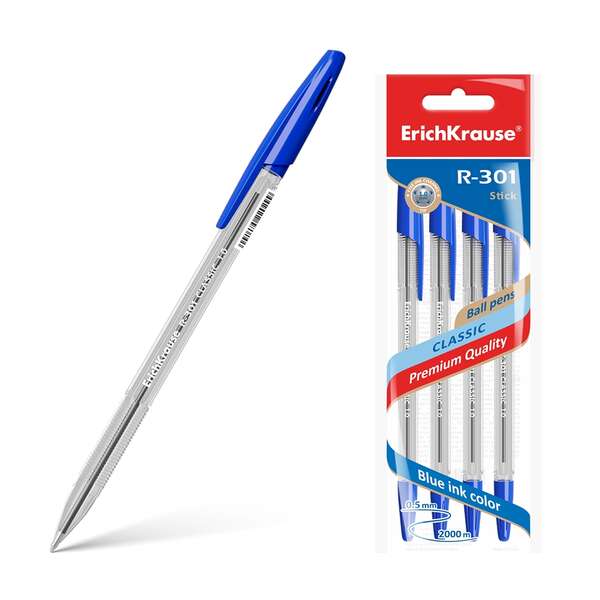 223367_1 Erichkrause Pack de 4 Boligrafos R-301 Classic Stick 1.0 - Cuerpo Transparente Hexagonal - Punta de 1.0mm - Tinta de Secado Rapido - Color Azul - Imagen 1