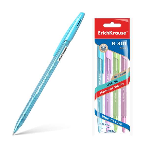 223447_1 Erichkrause Pack de 4 Boligrafos R-301 Spring Stick 0.7 - Cuerpo Hexagonal Translucido - Tinta de Secado Rapido - Color Azul - Imagen 1