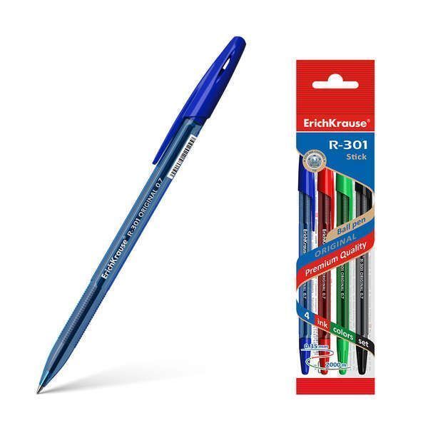 223477_1 Erichkrause Pack de 4 Boligrafos R-301 Original Stick 07 - Punta de 07mm - Tinta de Secado Rapido - Cuerpo Hexagonal con Grip - Color Azul - Imagen 1