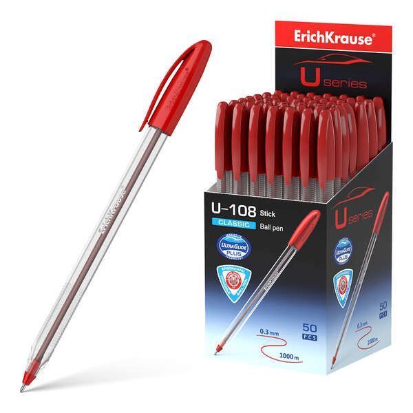 223517_1 Erichkrause U-108 Boligrafo Clasico - Punta de Bola 1.0mm - Trazo de 0.3mm - Tapa Ventilada - Ultra Glide Technology - Color Rojo - Imagen 1