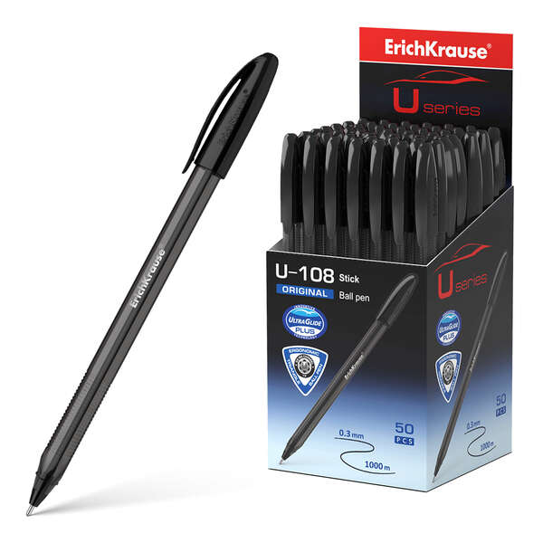 223542_1 Erichkrause U-108 Boligrafo Clasico - Punta de Bola 1.0mm - Trazo de 0.3mm - Tapa Ventilada - Cuerpo Translucido y Tintado - Ultra Glide Technology - Color Negro - Imagen 1
