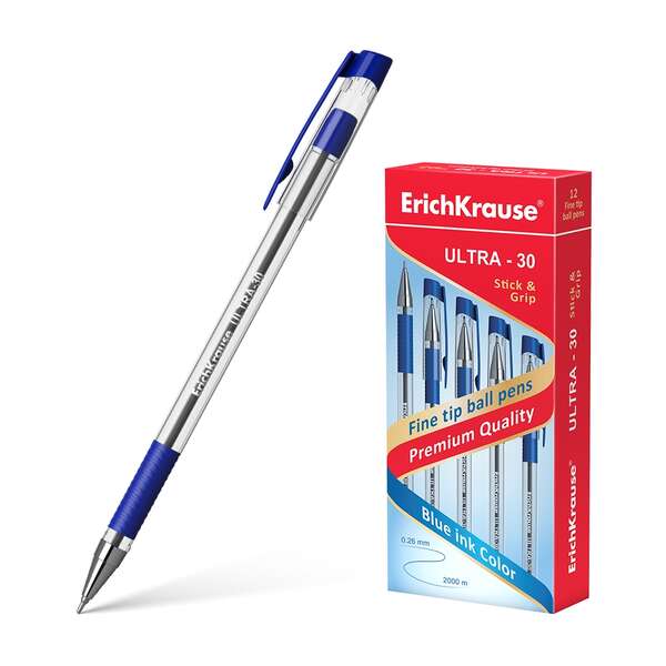 223582_1 Erichkrause Boligrafo Ultra-30 - Recargable con Punta Fina Fine Tip - Cuerpo Transparente con Agarre de Goma - Tinta de Secado Rapido - Color Azul - Imagen 1