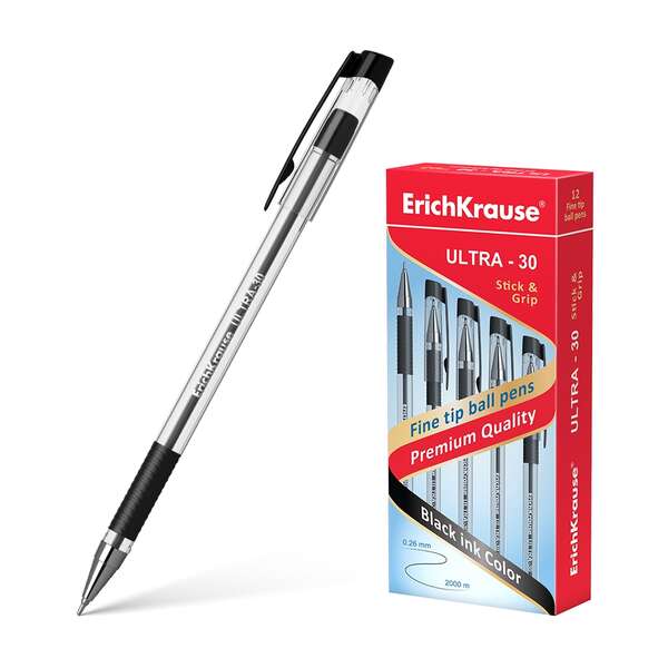 223587_1 Erichkrause Boligrafo Ultra-30 - Recargable con Punta Fina Fine Tip - Cuerpo Transparente con Agarre de Goma - Tinta Color Negro - 2000m de Escritura Precisa y Rapida - Color Negro - Imagen 1