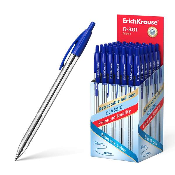 223617_1 ErichKrause R-301 Matic Boligrafo Retractil Punta de Bola 1.0mm - Tinta de Secado Rapido - Cuerpo Transparente - Color Azul - Imagen 1