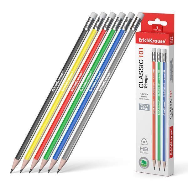 224307_1 Erichkrause Classic 101 Lapiz de Grafito Plastico HB Triangular con Goma de Borrar - Colores Surtidos - Imagen 1